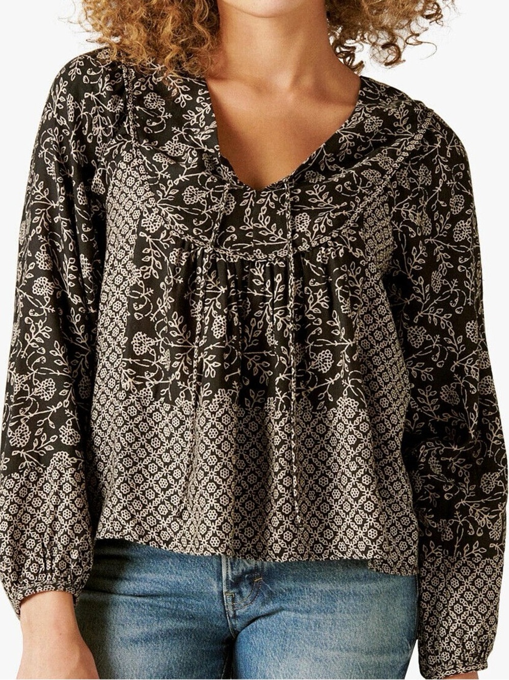 Lucky Brand Floral Print V-Neck Peasant Blouse - Black/Cream